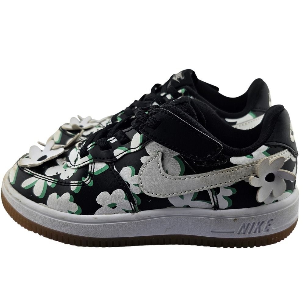 Nike Force 1 Low Kids Black White Green Floral 3D Flower FN0409-001 Size 12C GUC - Picture 2 of 9
